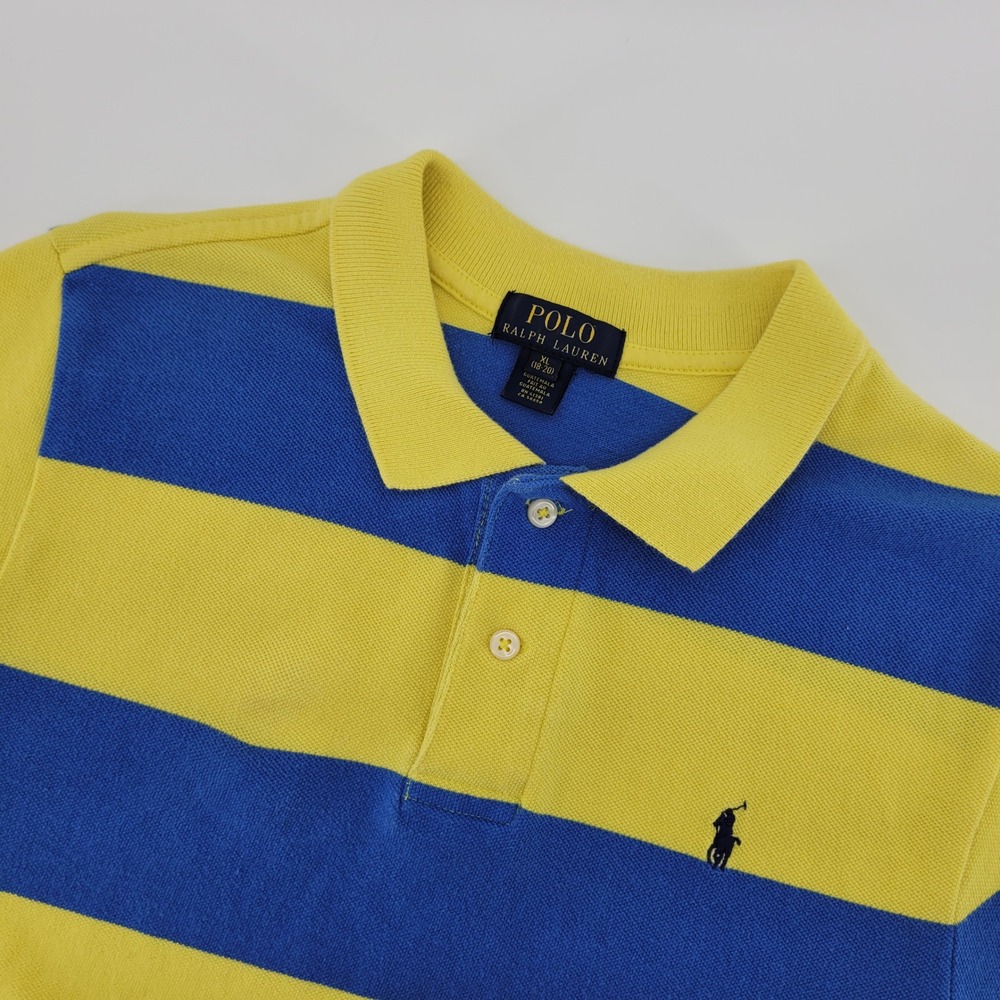 Polo Ralph Lauren Polo Shirt Boys XL 18-20 Yellow‎ Blue Striped Short Sleeve